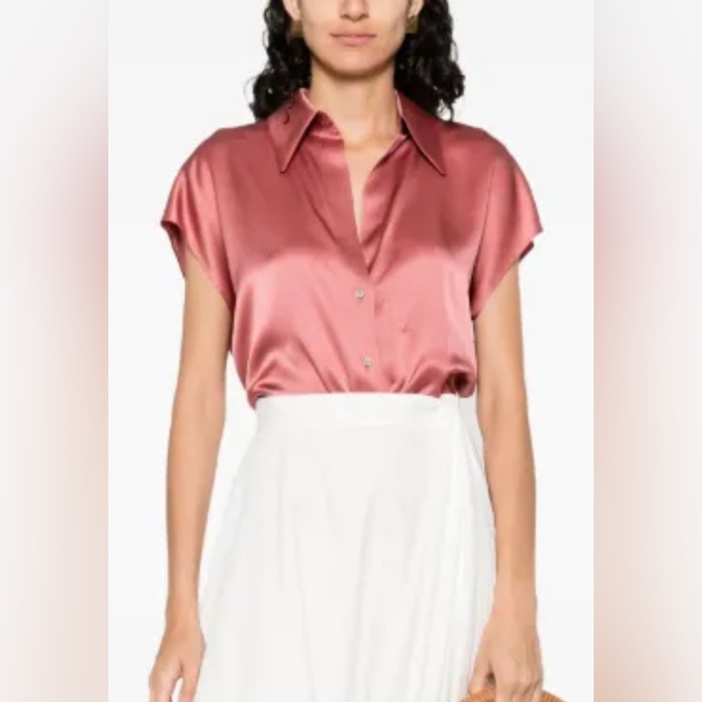 $348 Vince 100% Silk Cap Sleeve Ruched Back Shirt Sz XXS